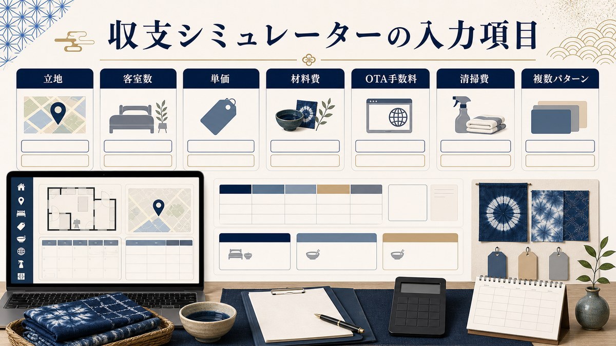 藍染め体験付き民泊の収支シミュレーター入力項目を立地、客室数、単価、材料費、OTA手数料、清掃費、複数パターンで整理した図解