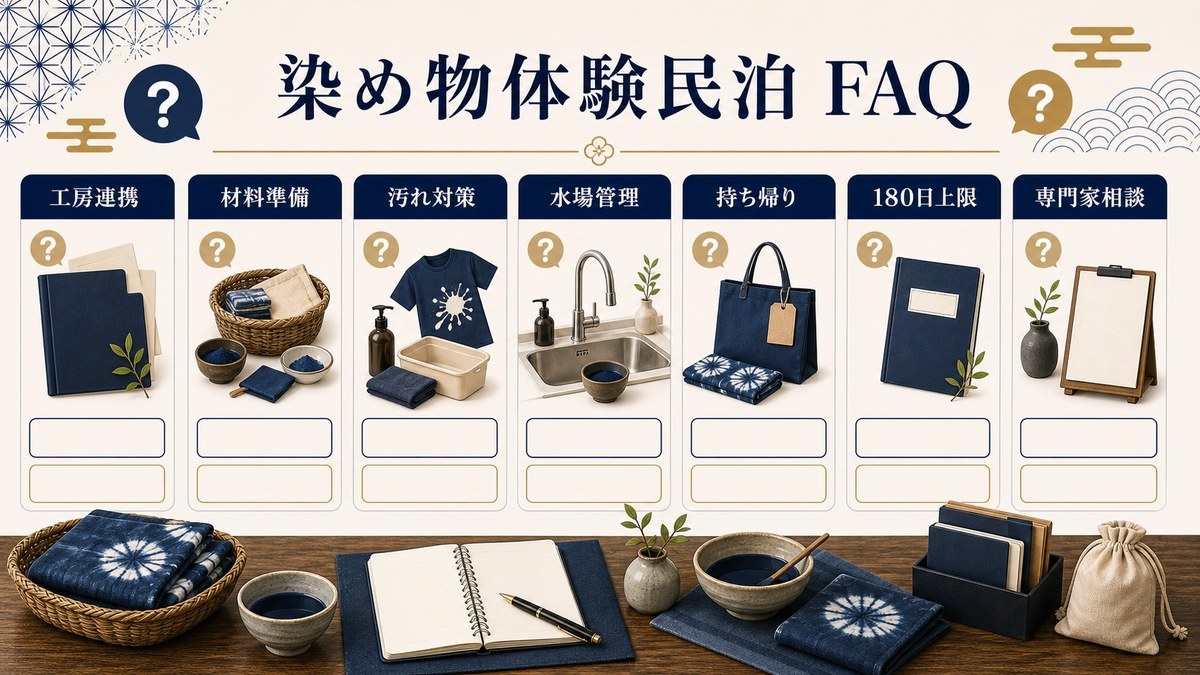 染め物体験民泊のFAQを工房連携、材料準備、汚れ対策、水場管理、持ち帰り、180日上限、専門家相談で整理した図解