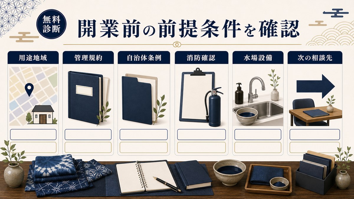 染め物体験付き民泊の開業前に確認する用途地域、管理規約、自治体条例、消防確認、水場設備、次の相談先を整理した無料診断CTA画像