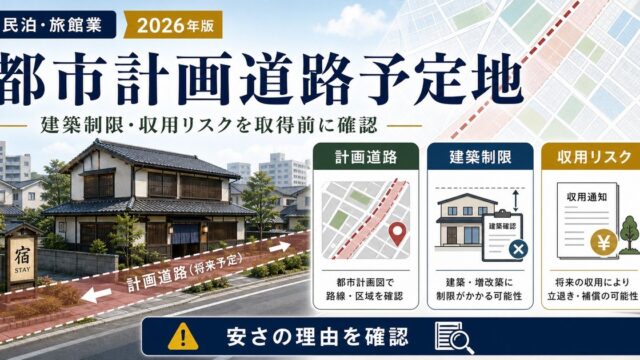 都市計画道路予定地で民泊や旅館業の建築制限と収用リスクを取得前に確認する図解