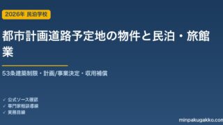 都市計画道路の予定地にかかる物件で民泊・旅館業を始める前の確認 2026年版｜都市計画法53条の建築制限・54条の階数構造・計画決定と事業決定・収用補償