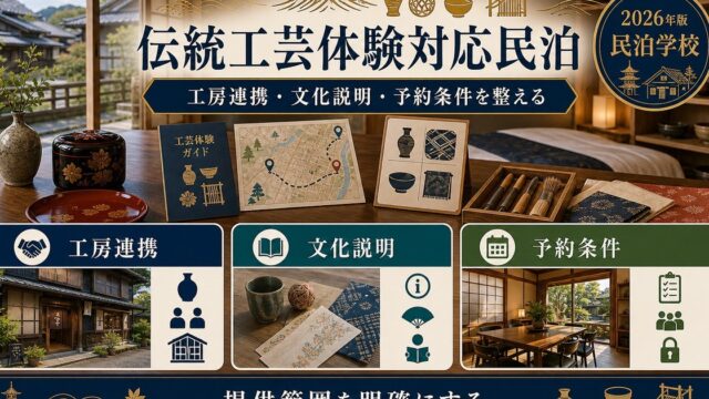 伝統工芸体験対応民泊の工房連携、文化説明、予約条件を整理した図