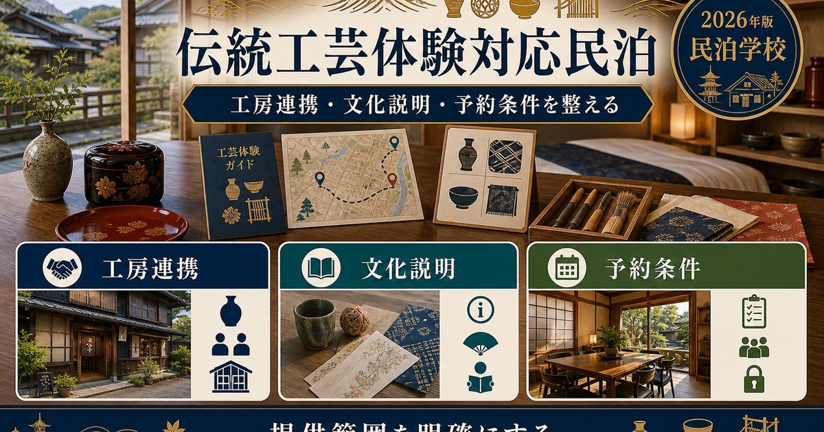 伝統工芸体験対応民泊の工房連携、文化説明、予約条件を整理した図