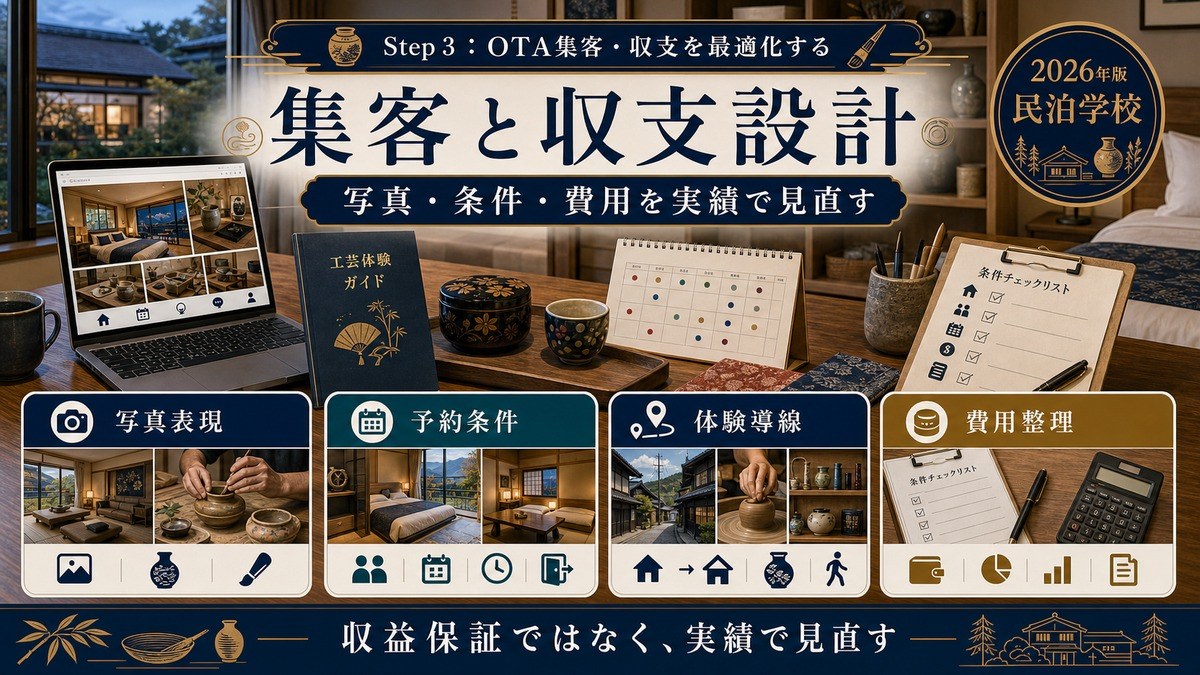 伝統工芸体験対応民泊の集客と収支設計を写真表現、予約条件、体験導線、費用整理で示した図