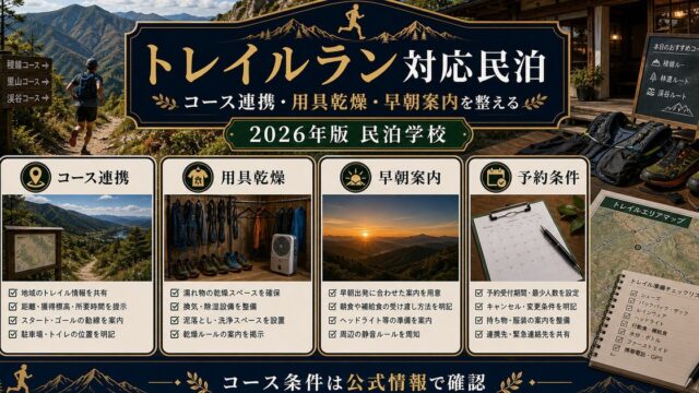 トレイルラン対応民泊のコース連携、用具乾燥、早朝案内、予約条件を整理した図