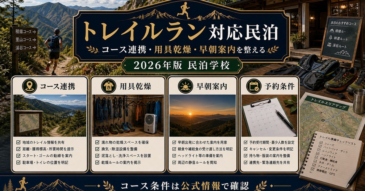 トレイルラン対応民泊のコース連携、用具乾燥、早朝案内、予約条件を整理した図