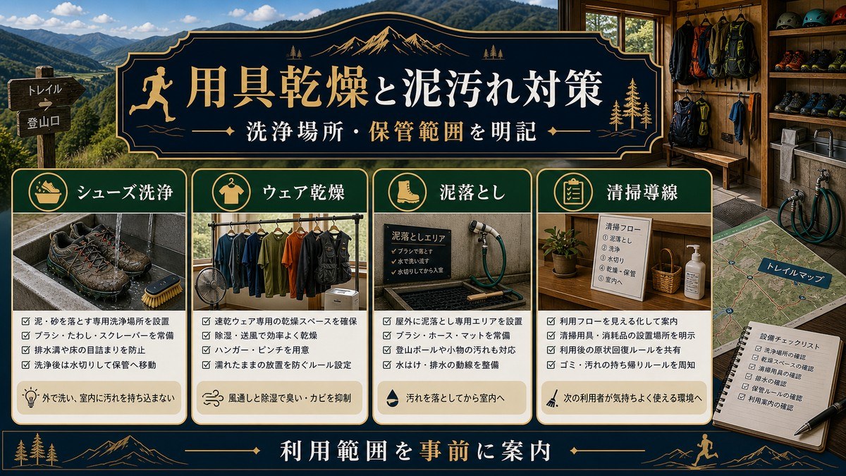 トレイルラン向け用具乾燥と泥汚れ対策をシューズ洗浄、ウェア乾燥、泥落とし、清掃導線で整理した図