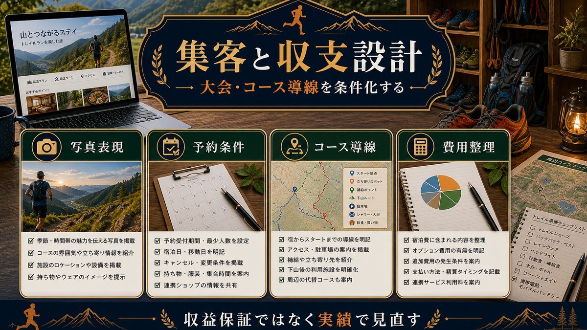 トレイルラン対応民泊の集客と収支設計を写真表現、予約条件、コース導線、費用整理で示した図