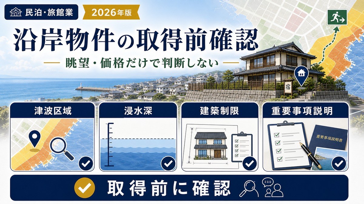 沿岸物件で津波区域・浸水深・建築制限・重要事項説明を取得前に確認する図解