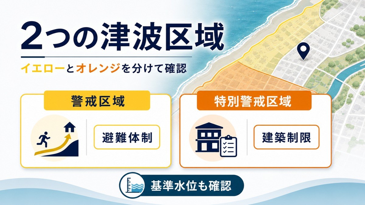 津波災害警戒区域と津波災害特別警戒区域を避難体制と建築制限に分けて確認する図解