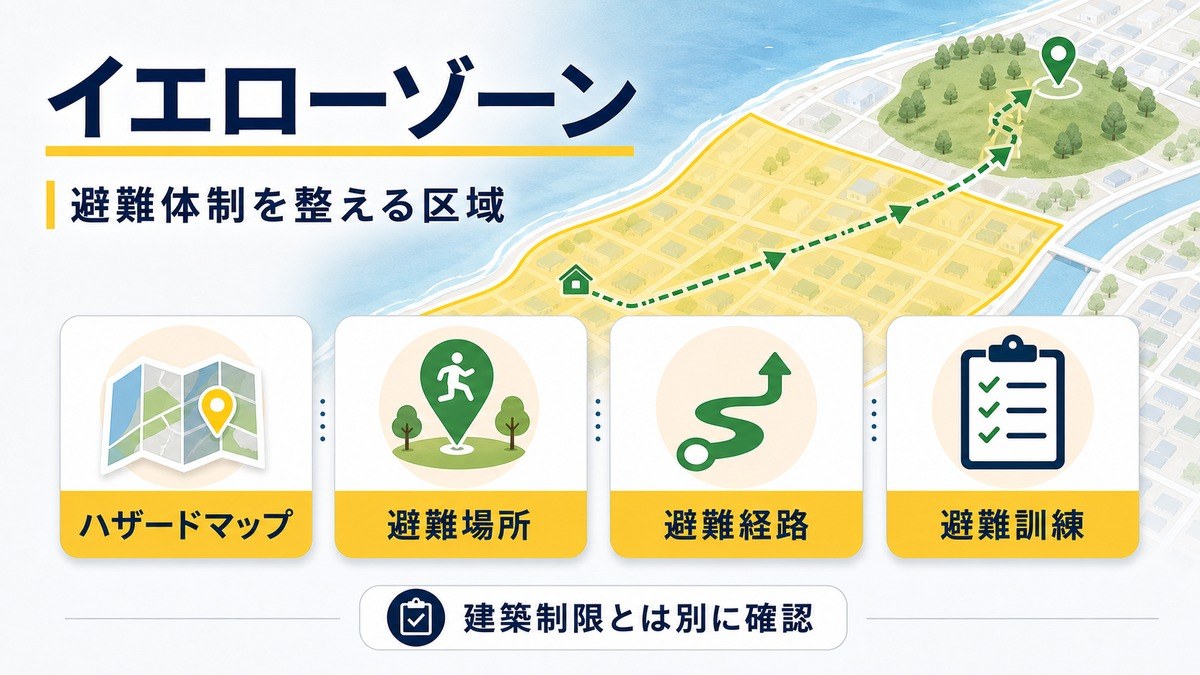 イエローゾーンでハザードマップ・避難場所・避難経路・避難訓練を確認する図解