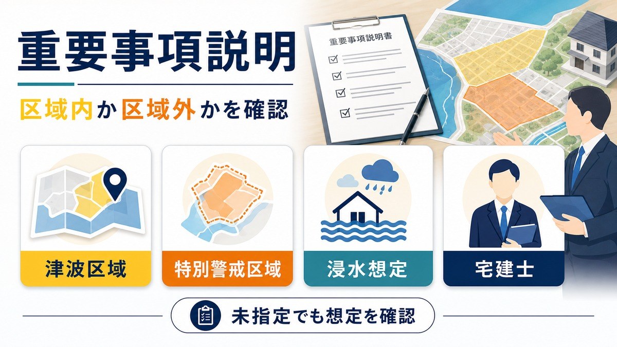 重要事項説明で津波区域・特別警戒区域・浸水想定・宅建士確認を整理する図解