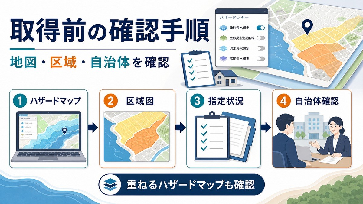 取得前にハザードマップ・区域図・指定状況・自治体確認を順に進める図解