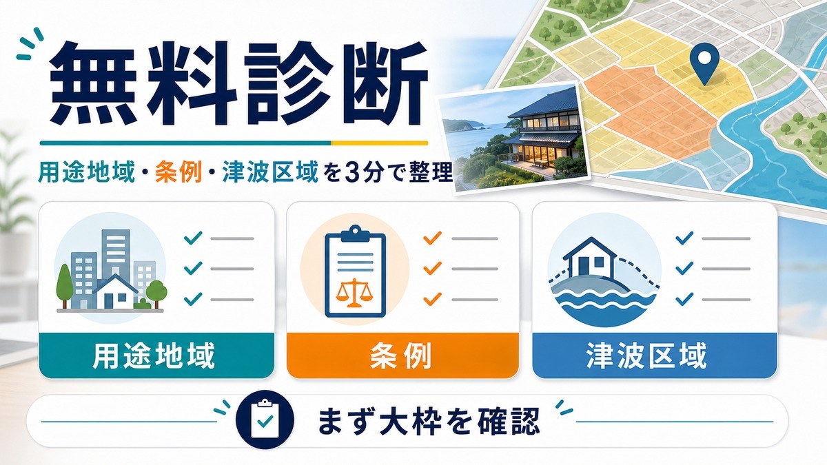 無料診断で用途地域・条例・津波区域の大枠を整理する図解