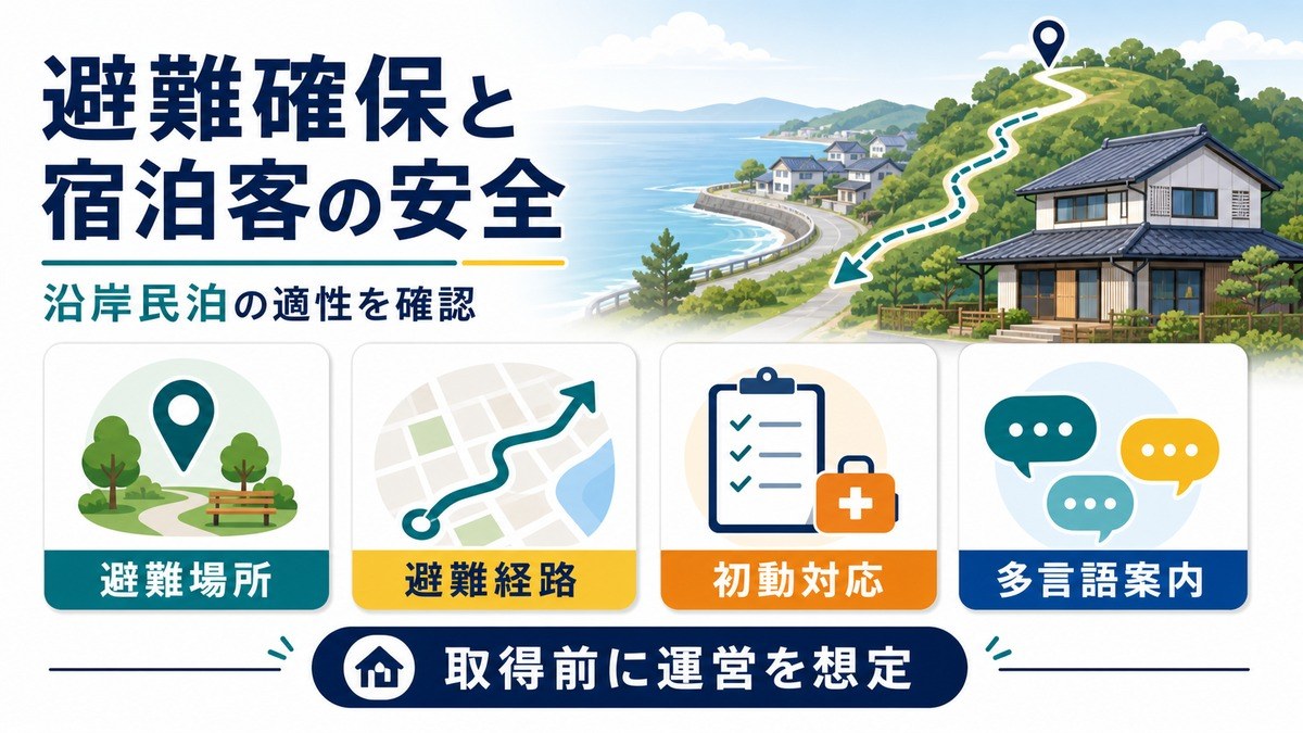 沿岸民泊で避難場所・避難経路・初動対応・多言語案内を取得前から想定する図解