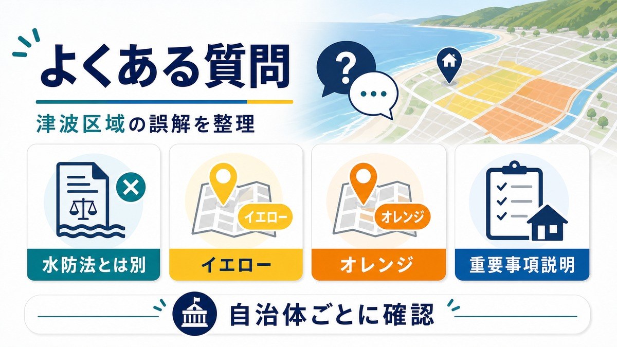 津波区域と水防法の違い・イエロー・オレンジ・重要事項説明を整理するFAQ図解
