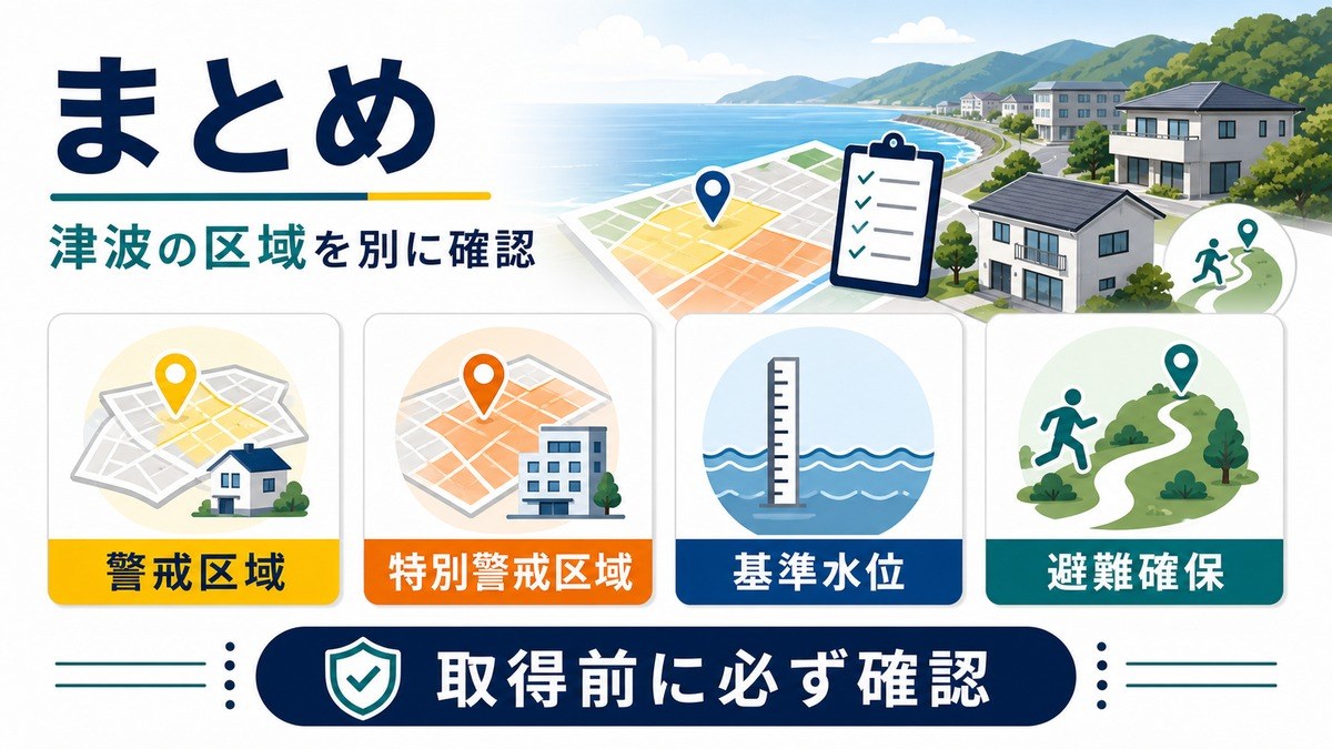 沿岸物件で津波の区域・基準水位・避難確保を洪水や高潮とは別に取得前確認する図解