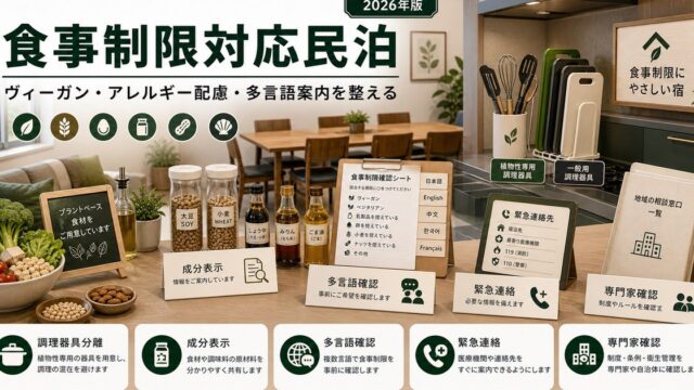 ヴィーガン対応、食物アレルギー配慮、多言語案内を整えた食事制限対応民泊のアイキャッチ画像