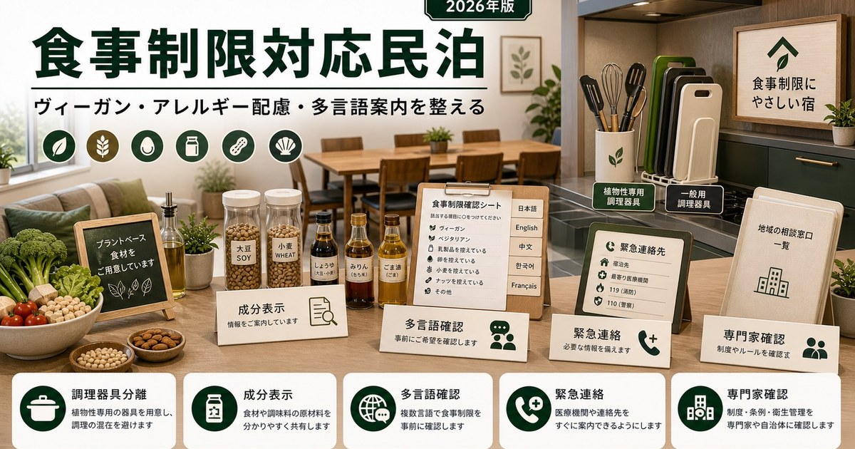 ヴィーガン対応、食物アレルギー配慮、多言語案内を整えた食事制限対応民泊のアイキャッチ画像