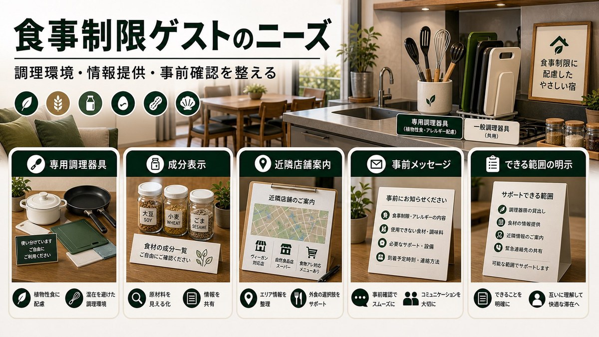 食事制限ゲストのニーズを専用調理器具、成分表示、近隣店舗案内、事前メッセージ、できる範囲の明示で整理した図解