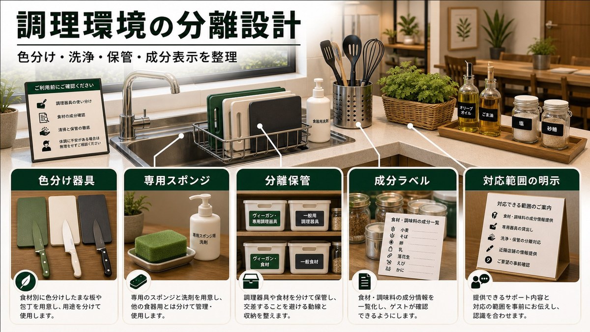 調理環境の分離設計を色分け器具、専用スポンジ、分離保管、成分ラベル、対応範囲の明示で整理した図解