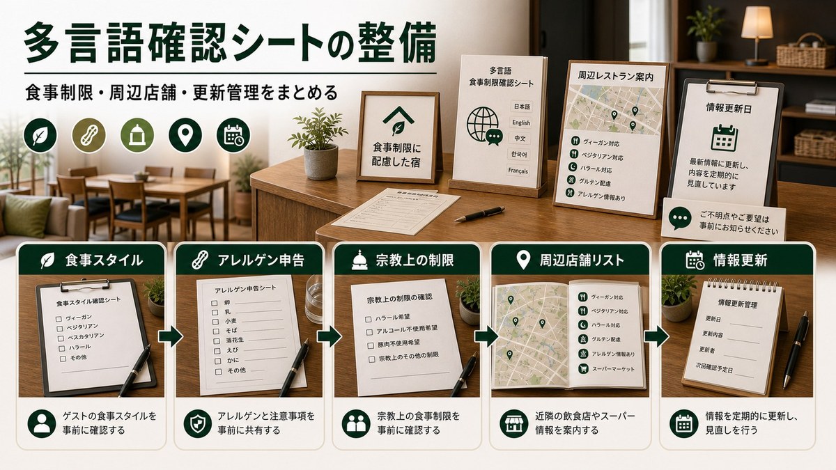 多言語確認シートを食事スタイル、アレルゲン申告、宗教上の制限、周辺店舗リスト、情報更新で整理した図解
