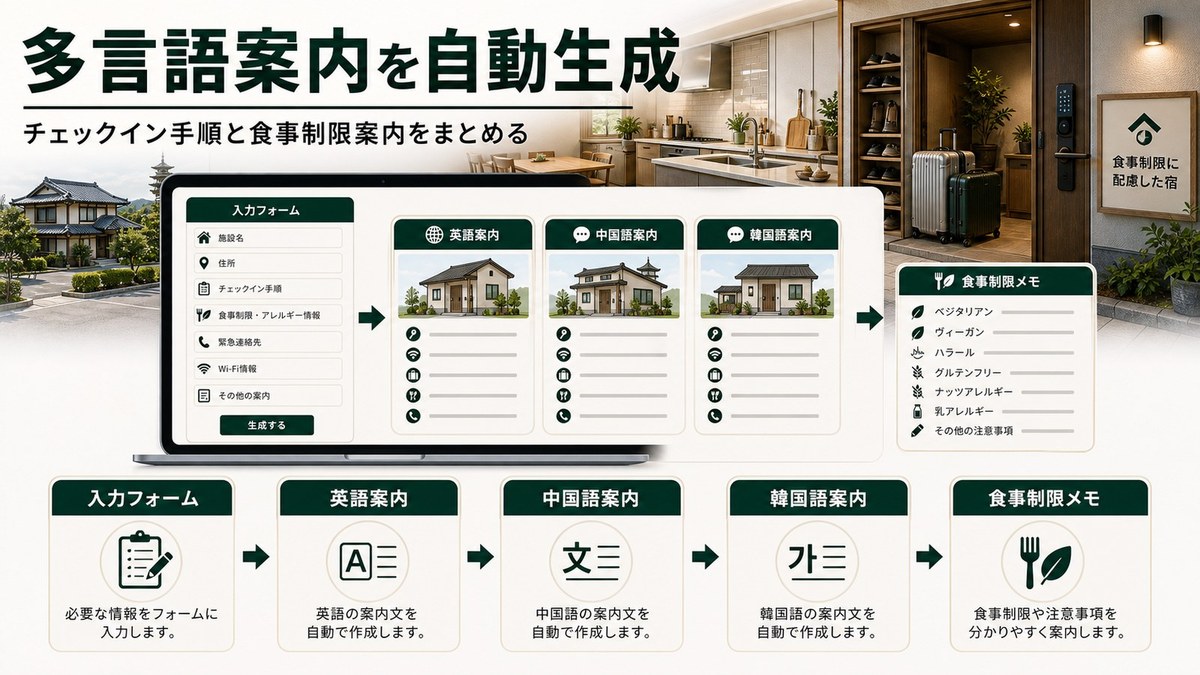 多言語案内の自動生成を入力フォーム、英語案内、中国語案内、韓国語案内、食事制限メモで整理した図解