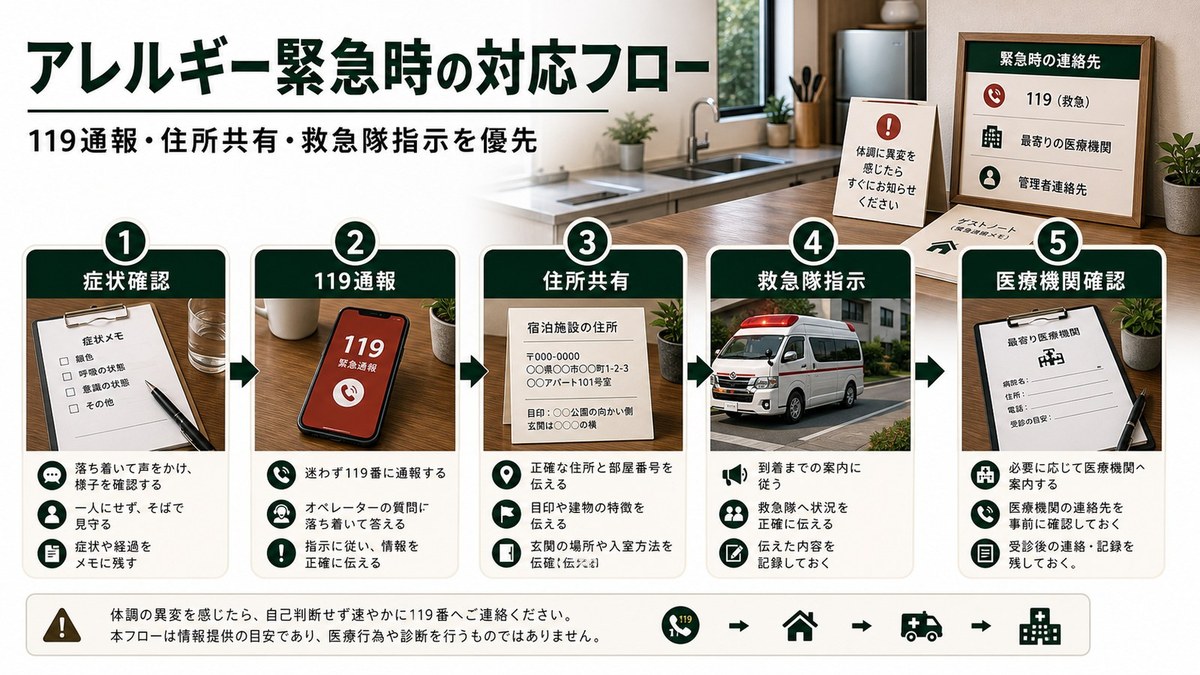 アレルギー緊急時の対応フローを症状確認、119通報、住所共有、救急隊指示、医療機関確認で整理した図解