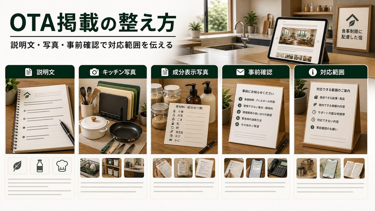 OTA掲載で説明文、キッチン写真、成分表示写真、事前確認、対応範囲を整理した図解