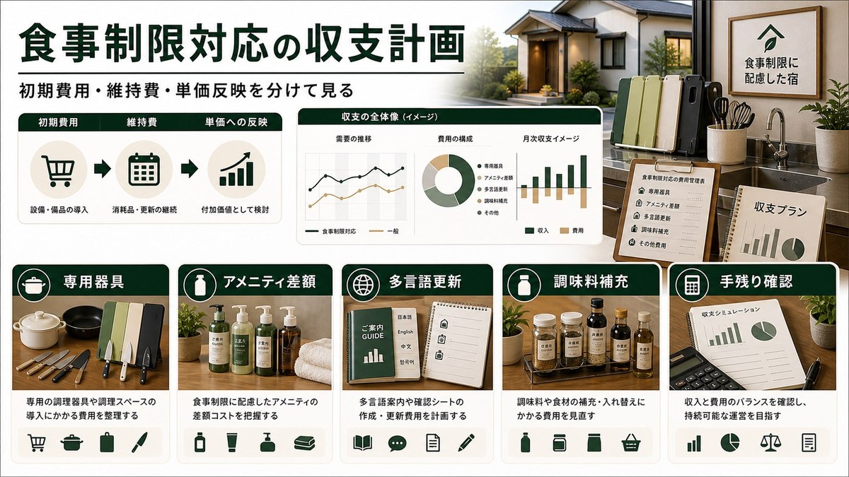 食事制限対応の収支計画を専用器具、アメニティ差額、多言語更新、調味料補充、手残り確認で整理した図解
