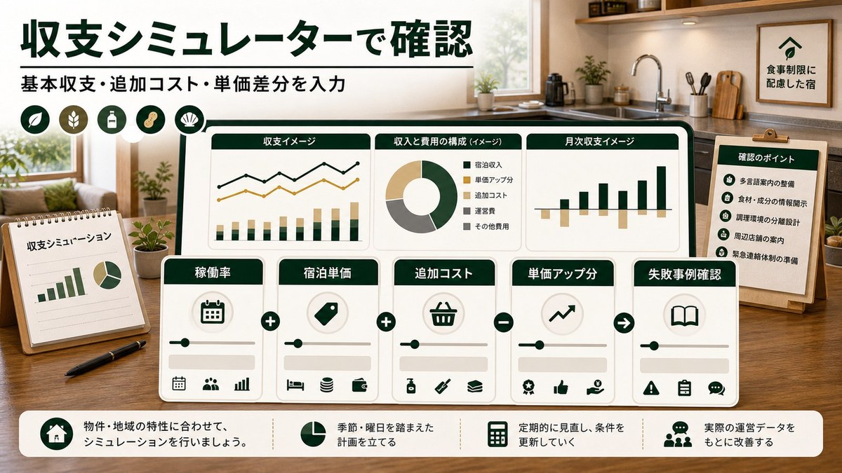 収支シミュレーターで稼働率、宿泊単価、追加コスト、単価アップ分、失敗事例確認を整理した図解