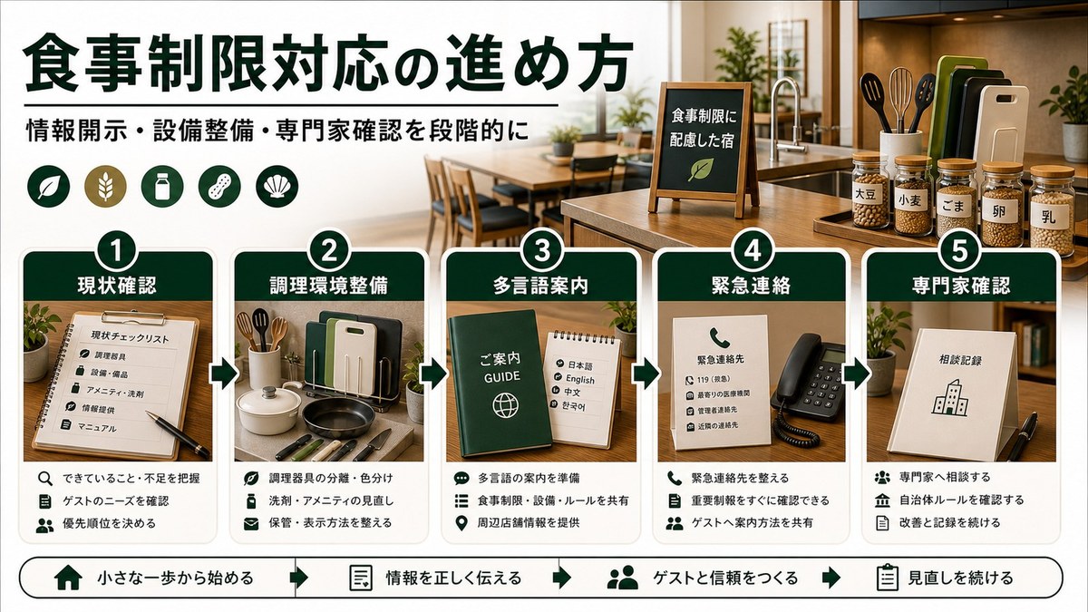 食事制限対応の進め方を現状確認、調理環境整備、多言語案内、緊急連絡、専門家確認で示した図解