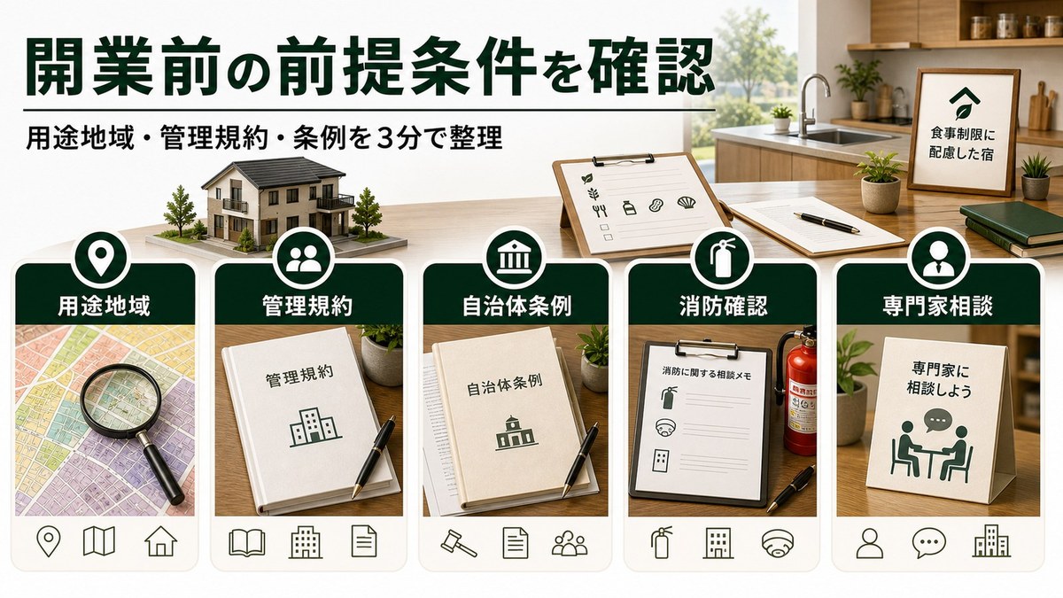 開業前の前提条件を用途地域、管理規約、自治体条例、消防確認、専門家相談で整理した図解