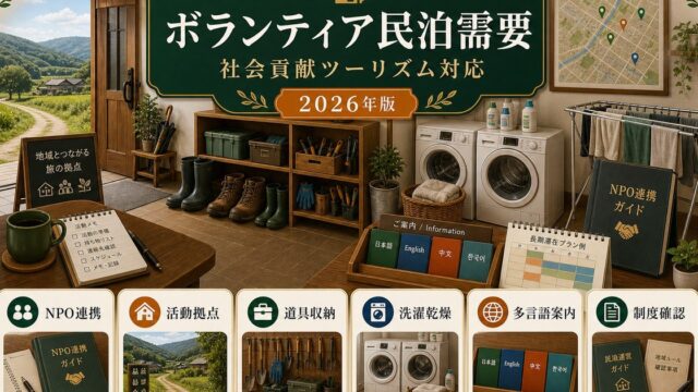 ボランティア・社会貢献ツーリズム需要に対応する民泊のNPO連携、活動拠点、道具収納、洗濯乾燥、多言語案内、制度確認をまとめたアイキャッチ画像