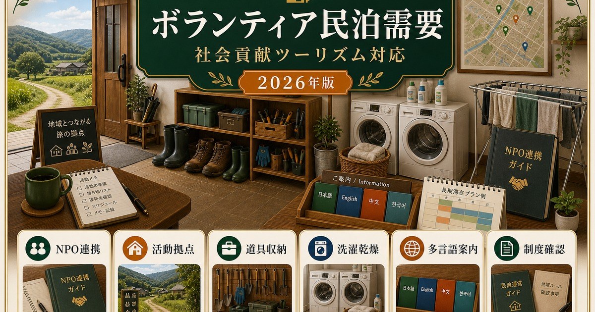 ボランティア・社会貢献ツーリズム需要に対応する民泊のNPO連携、活動拠点、道具収納、洗濯乾燥、多言語案内、制度確認をまとめたアイキャッチ画像