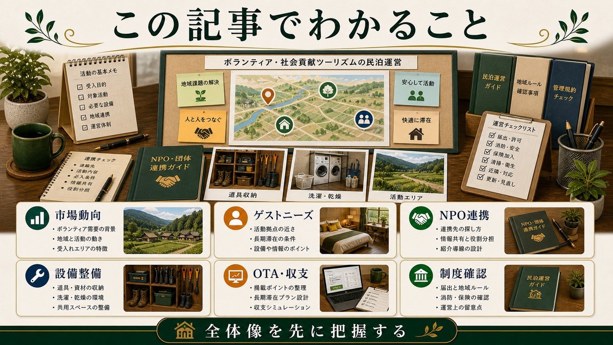ボランティア・社会貢献ツーリズム対応の記事全体で扱う市場動向、ゲストニーズ、NPO連携、設備整備、OTA・収支、制度確認をまとめた図解