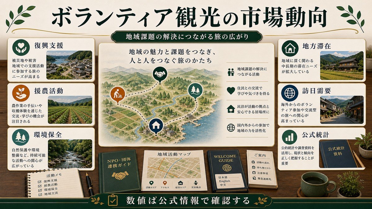 ボランティア観光の市場動向を復興支援、援農活動、環境保全、地方滞在、訪日需要、公式統計で整理した図解