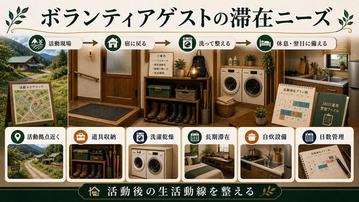 ボランティアゲストの滞在ニーズを活動拠点近く、道具収納、洗濯乾燥、長期滞在、自炊設備、日数管理で整理した図解