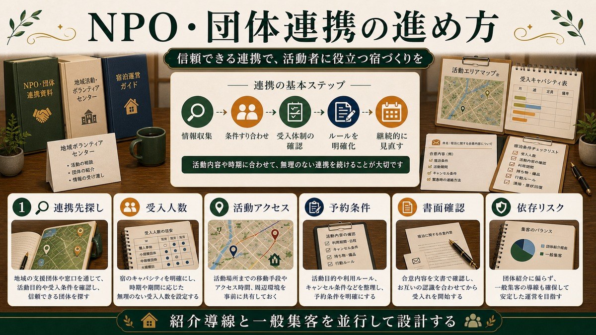 NPO・ボランティア団体との連携方法を連携先探し、受入人数、活動アクセス、予約条件、書面確認、依存リスクで整理した図解