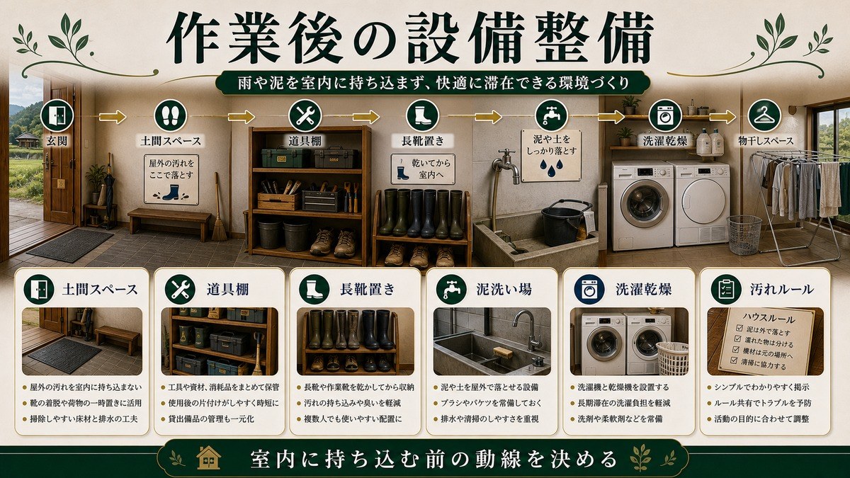 作業後の設備整備を土間スペース、道具棚、長靴置き、泥洗い場、洗濯乾燥、汚れルールで整理した図解