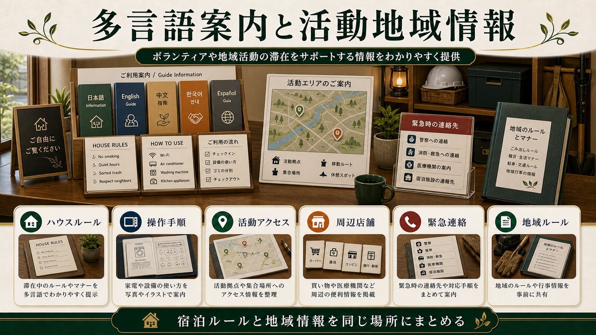 多言語案内と活動地域情報をハウスルール、操作手順、活動アクセス、周辺店舗、緊急連絡、地域ルールで整理した図解