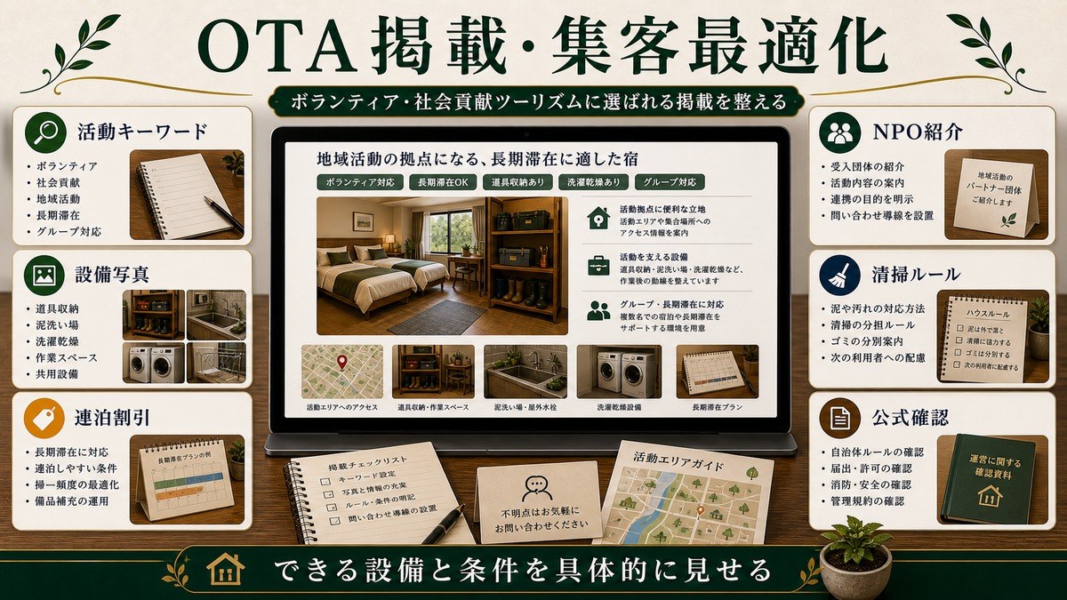 OTA掲載と集客最適化を活動キーワード、設備写真、連泊割引、NPO紹介、清掃ルール、公式確認で整理した図解