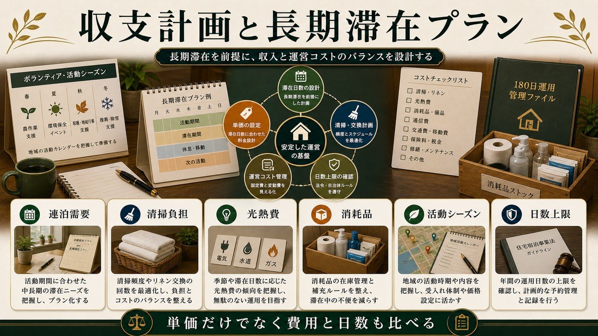収支計画と長期滞在プランを連泊需要、清掃負担、光熱費、消耗品、活動シーズン、日数上限で整理した図解