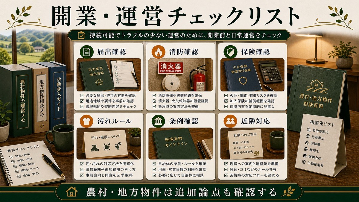 開業と運営の実務チェックを届出確認、消防確認、保険確認、汚れルール、条例確認、近隣対応で整理した図解