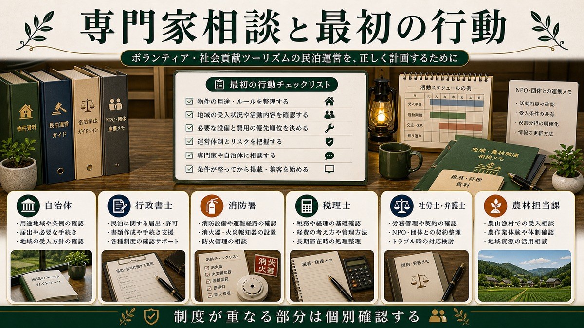 専門家相談と最初の行動を自治体、行政書士、消防署、税理士、社労士・弁護士、農林担当課で整理した図解