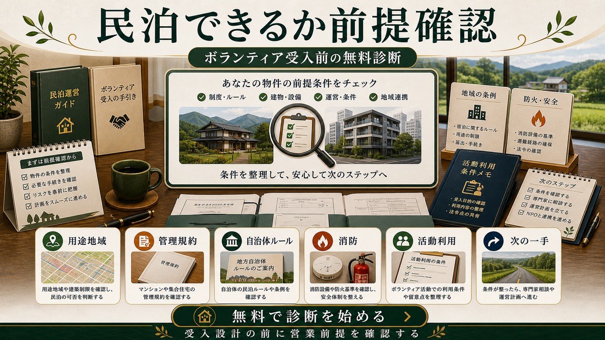 民泊できるかの前提確認を用途地域、管理規約、自治体ルール、消防、活動利用、次の一手で整理したCTA図解