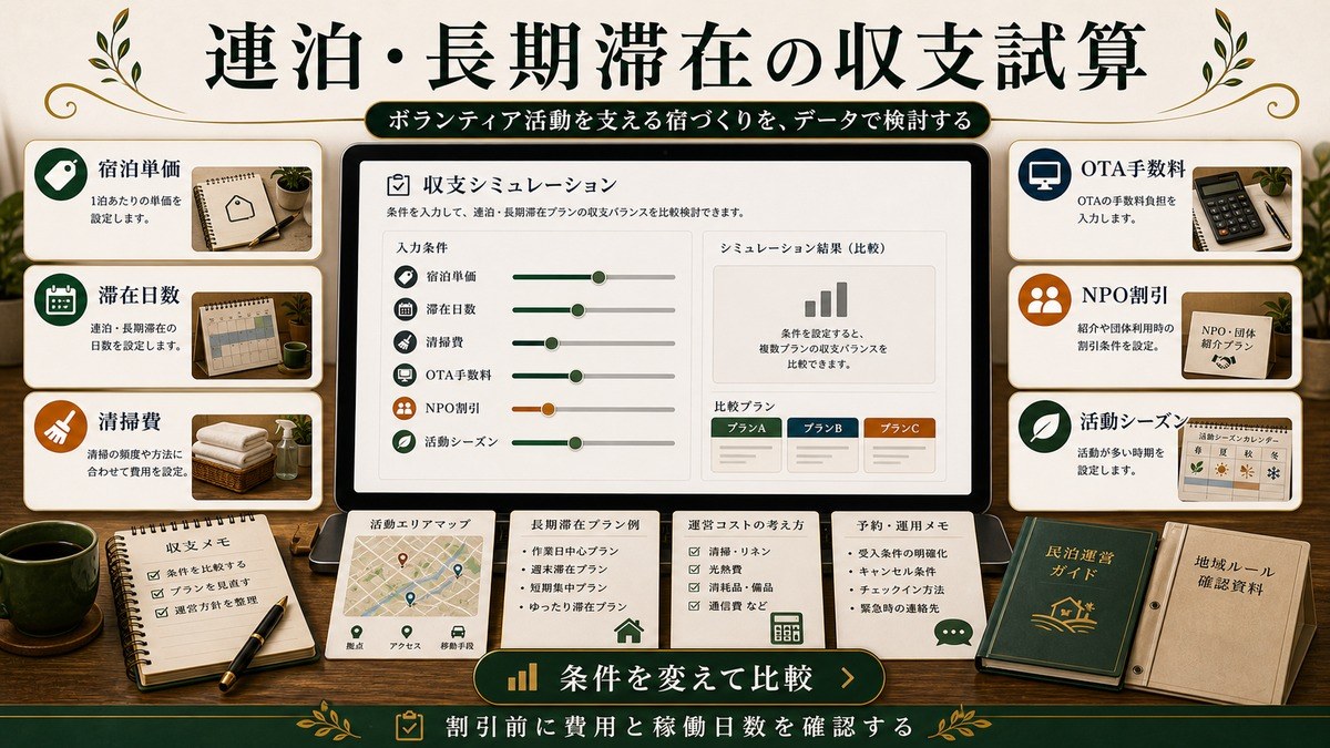 連泊・長期滞在の収支試算を宿泊単価、滞在日数、清掃費、OTA手数料、NPO割引、活動シーズンで整理したCTA図解
