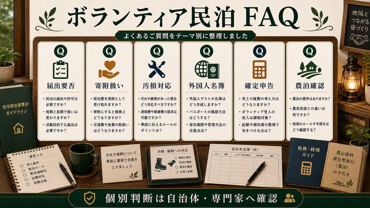 ボランティア民泊のFAQを届出要否、寄附扱い、汚損対応、外国人名簿、確定申告、農泊確認で整理した図解