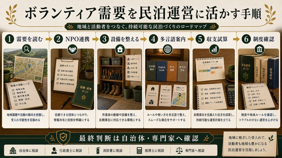 ボランティア需要を民泊運営に活かす手順を需要を読む、NPO連携、設備を整える、多言語案内、収支試算、制度確認で整理した図解