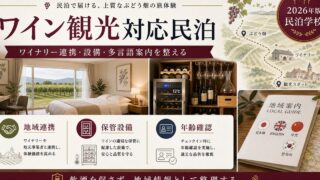 ワイン観光対応民泊の地域連携、保管設備、年齢確認を整理した図